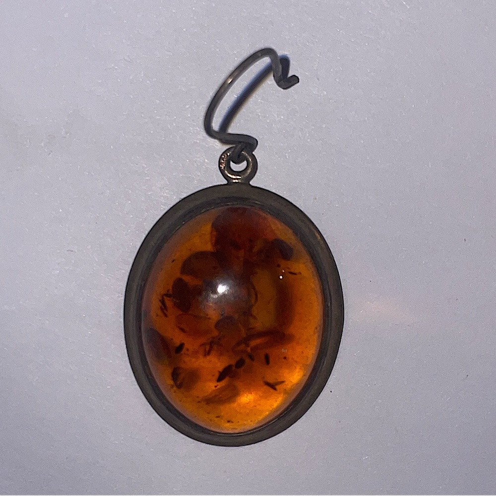 Vintage 925 Sterling Silver Amber Cabochon Drop Pendant Necklace
